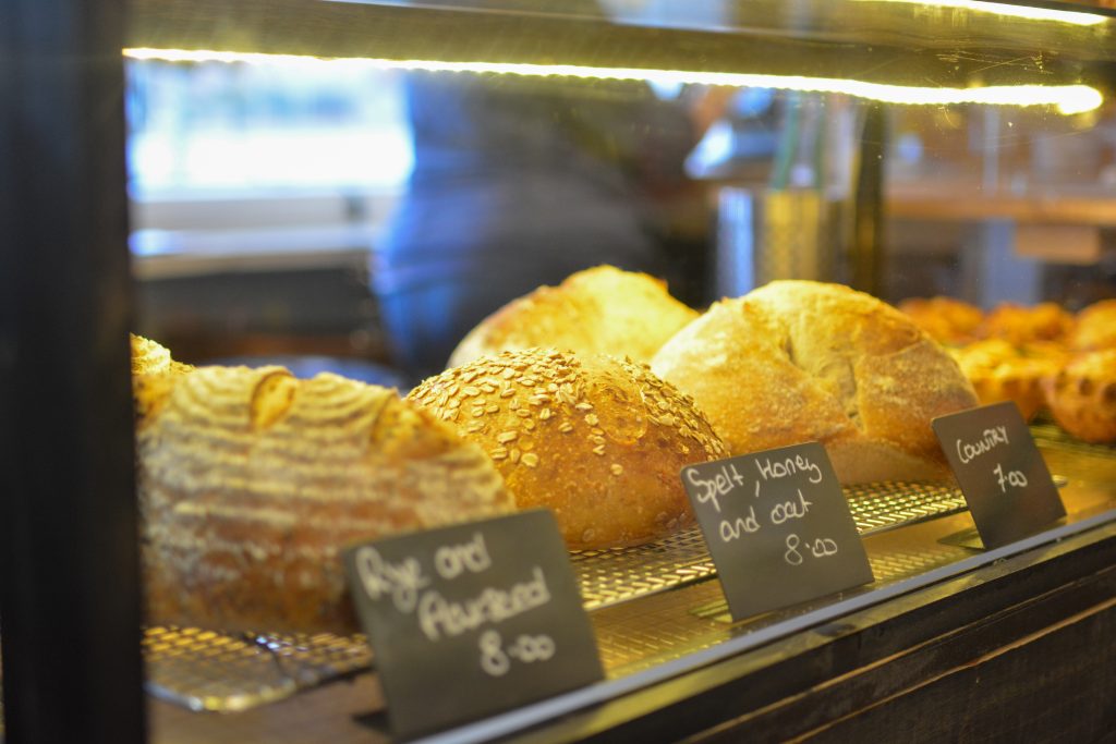A selection of bread, pastries, and fresh coffee at Hickey's bakery.